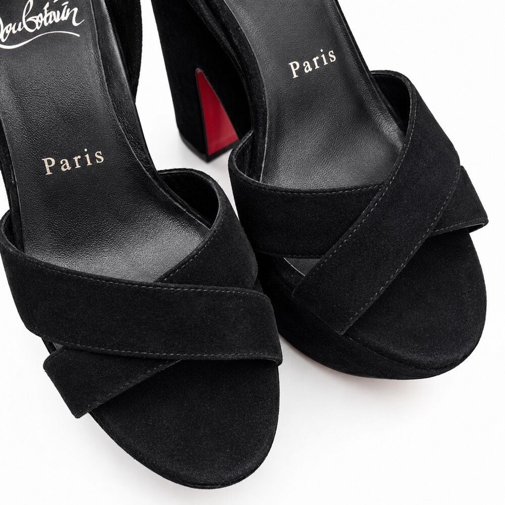 CHRISTIAN LOUBOUTIN Superyaz Platform Heels Size 37.5 Black Suede Ankle Strap - Picture 7 of 12